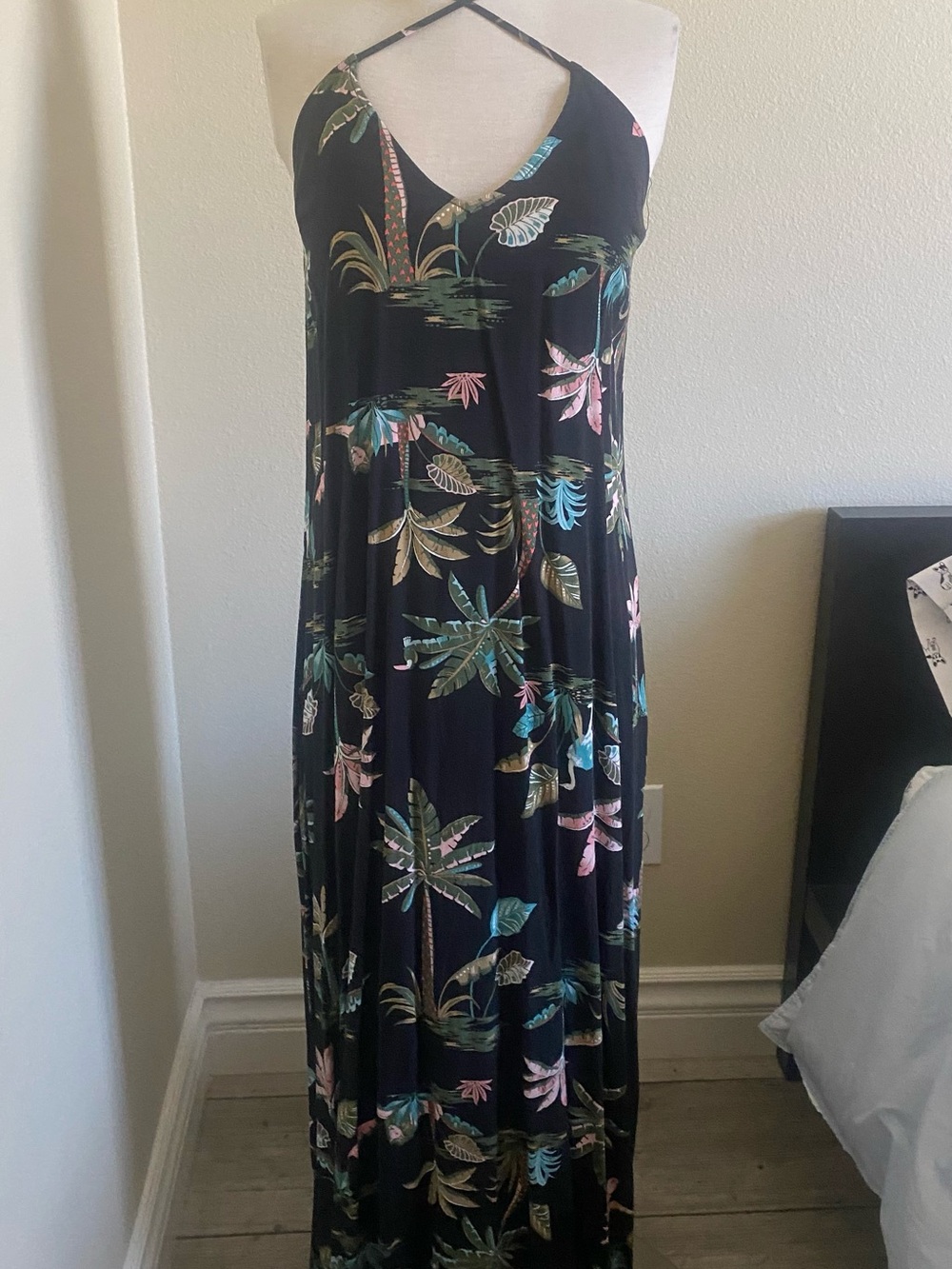 Old Navy Black Halter Maxi Dress with Tropical Leaf Print